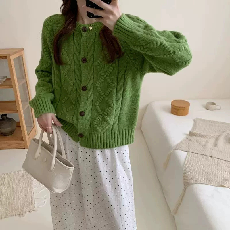 LEKA Twisted Knit Cardigan for Women, Autumn and Winter Korean Style New Round Neck Soft Short Sweater Coat, Loose Top