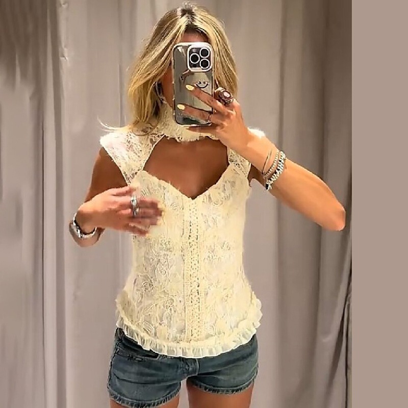 Cross-border European and American pure desire hollow-out high-neck lace sleeveless top for women, ruffled waist-cinching slim-fit hot girl tank top for foreign trade