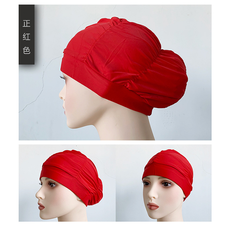 Fábrica al por mayor plisado paño gorro de natación extra grande circunferencia de la cabeza no apretado Pelo Largo oído protección natación caliente primavera unisex gorro de natación