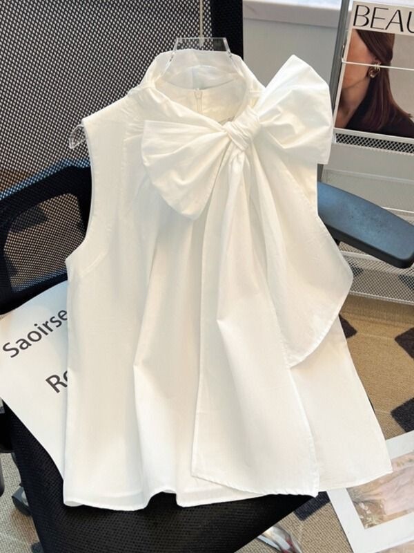 French-Style White Bow Sleeveless Shirt for Women, Loose-Fitting Belly-Covering Tank Top, Summer French-Style Beautiful Top