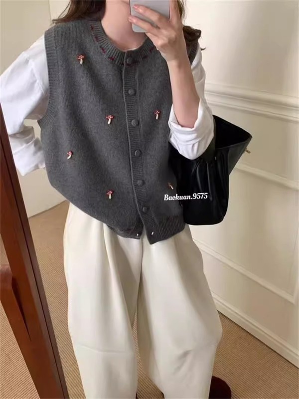 韩系蘑菇刺绣针织开衫背心女2025春秋新款宽松百搭毛衣马甲坎肩潮|undefined