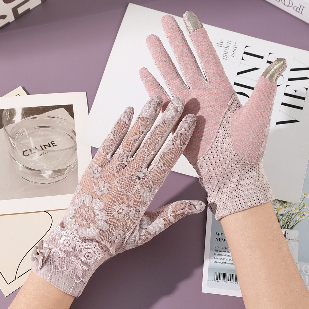 Nuevos guantes de protección solar para mujer primavera y verano al aire libre pantalla táctil encaje antideslizante arco fábrica al por mayor