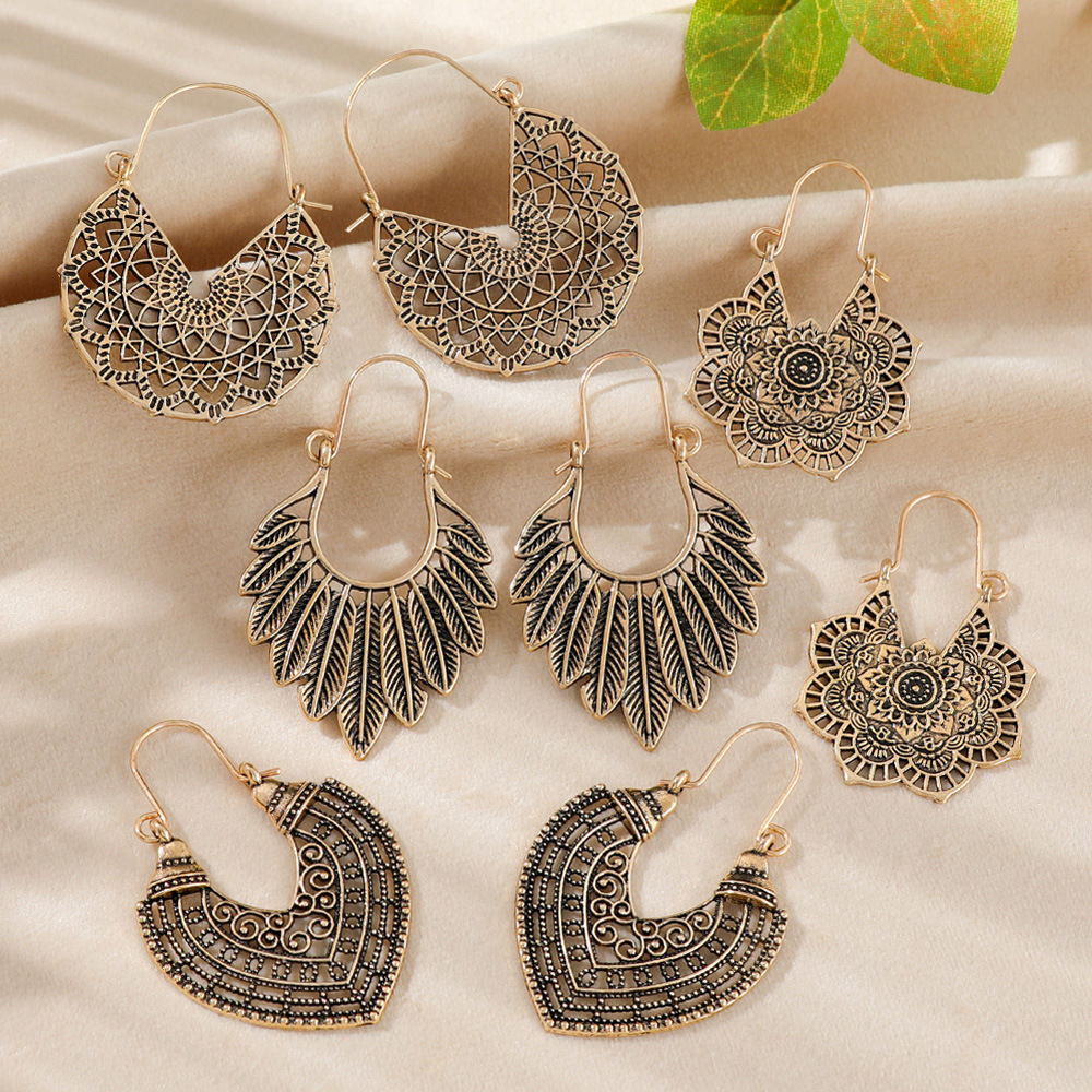 Vintage Alloy Earrings, Cross-Border Bohemian Style, Distressed Hollow Geometric Earrings, European and American Ethnic Style Hoop Earrings for Women