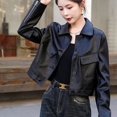 スクエアカラーボタンレザージャケット女性のための 2025 春と秋の新ファッションルーズスリムショートファッショナブルな PU レザージャケット