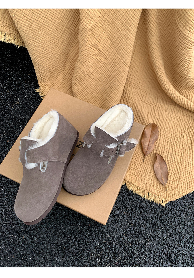 Dép lông Birkenstock da thật nữ đế dày, mũi kín lông cừu, có khóa thắt lưng, tăng chiều cao bên trong — cà phê nâu chi tiết 16
