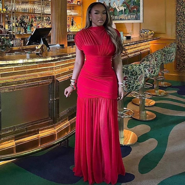 欧美女装高级感气质优雅网纱拼接红色连衣裙女非洲洋气时尚长裙子|undefined
