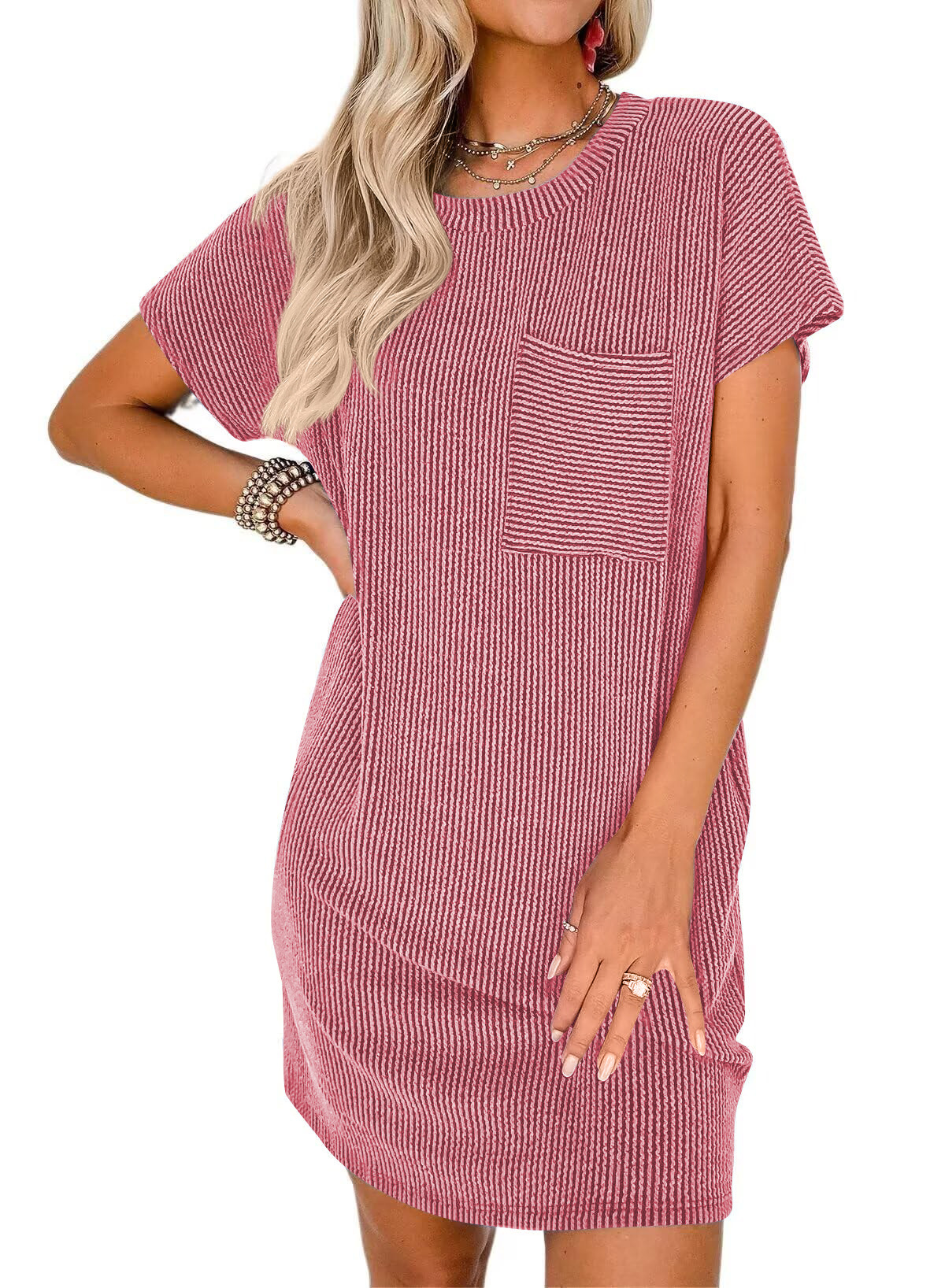 Women Summer Casual Contrast Color Wavy Stripes Short Sleeve Pocket Dress