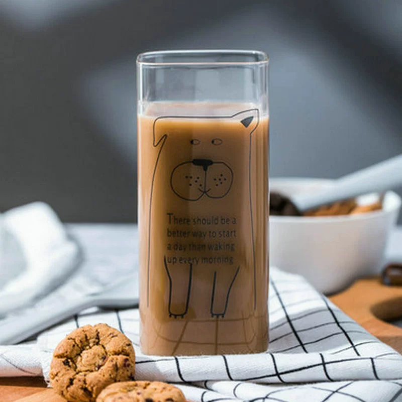 Square Borosilicate Glass Cup, 301–400 ml, Large Capacity Transparent Breakfast Mug