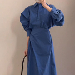 早秋穿搭蓝色长袖衬衫连衣裙子女秋季2025新爆款高级感套装长裙