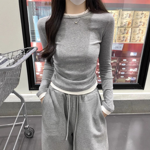 2025 Random Cut Korean Style Color Clash Round Neck Pleated Long Sleeve T-Shirt for Women - Early Autumn New Arrival Slimming and Body-Concealing Base Layer Top