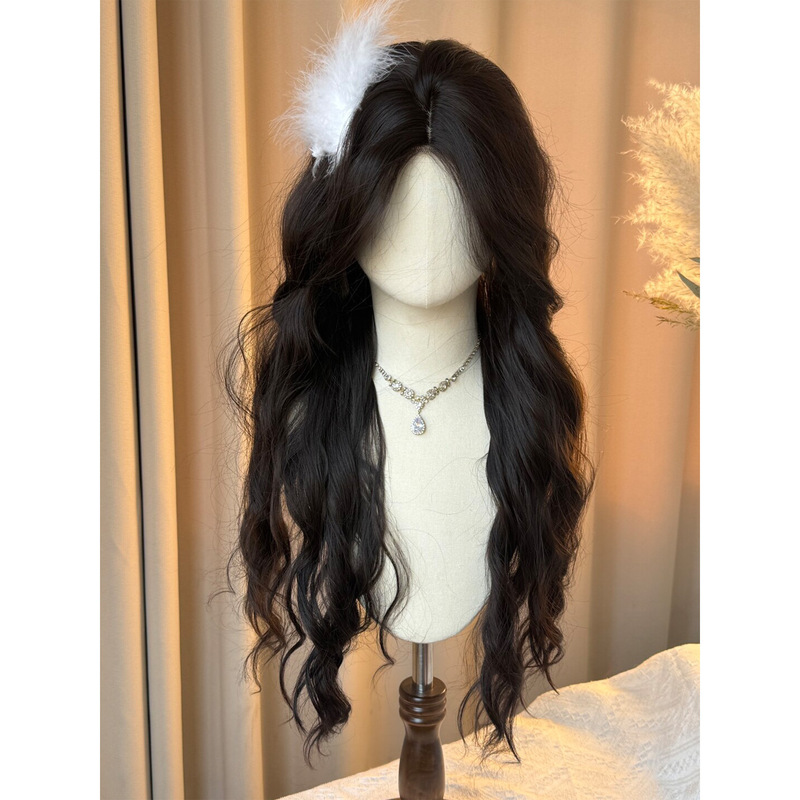 Meili Wig, Fashionable, Sweet, Natural, Fluffy, Long Curly Hair, No Bangs, Middle Parting, Inwardly Curled Black Hair Wig, Full Head Wig for Women