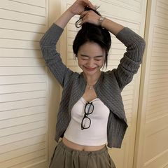 纯色百搭圆领麻花针织开衫女早秋季新款时尚气质修身显瘦长袖上衣