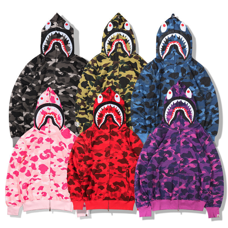 2026 European and American Amazon 3D Digital Printing Bape Brand Shark Head Sweatshirt Men's Couple's Zip-Up Hoodie with Hood