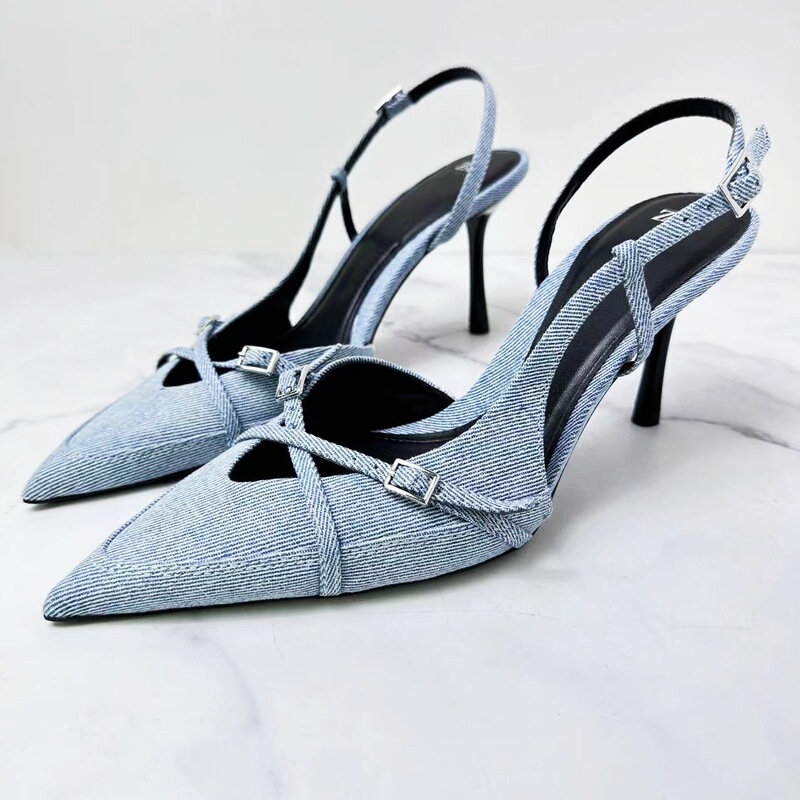 ZA2024 Spring/Summer New denim low-cut lace-up hollow closed toe sexy stiletto heel fashion sandals Muller shoes