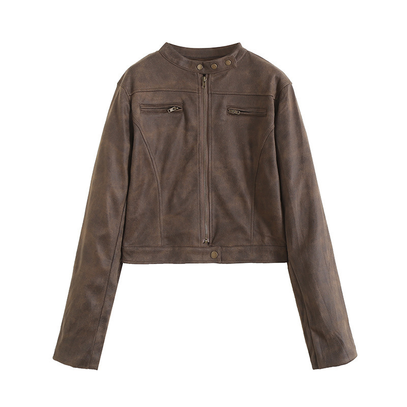 American-style vintage washed suede leather coat for women 2023 autumn slim-fit stand collar short jacket jacket top