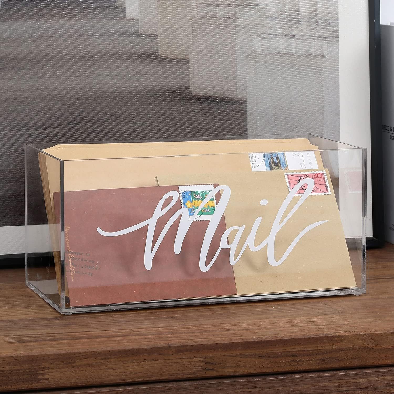 透明亚克力桌面邮件收纳盒 带字母单词脚本设计和玫瑰金镜面底座