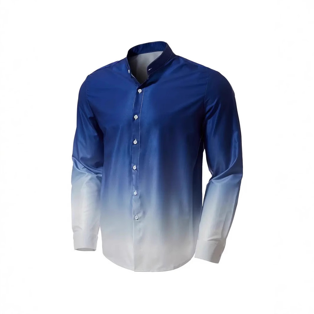 Camisa de manga larga con color degradado de estilo universitario de vitalidad juvenil, cómoda y transpirable, cuello alto que absorbe el sudor, top de un solo pecho MB29