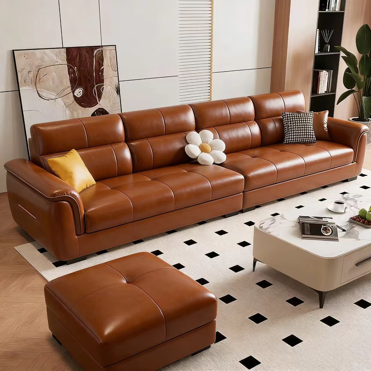 Italian-style light luxury oil wax leather sofa for living room, simple straight-line design, suitable for small homes, three-seater combination sofa, dirt-resistant