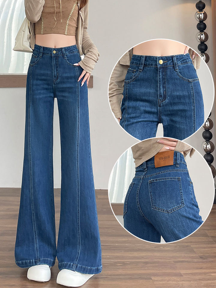 Quần jeans nữ ống loe nhẹ cạp cao tôn dáng màu xanh cổ điển — Xanh cổ điển - Dài hơn, Xanh cổ điển - Tiêu chuẩn