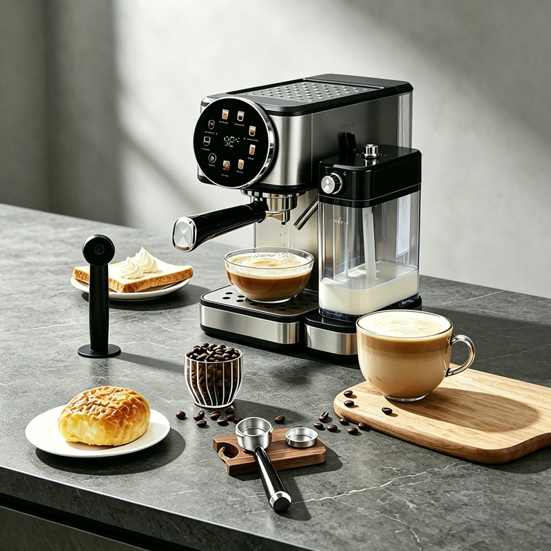 Cross-Border New Product Oem Customization Italian-Style Multifunctional Coffee Machine with Milk Tank, Color Screen, Smart Touch Control, Dual Boiler, High Pressure