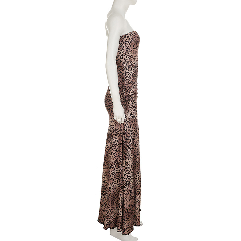 Summer Women Leopard Print Tube Top Dress Street Sexy Sexy Waist Trimming Package Hip A line Vacation Dress