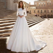 欧美外贸婚纱ebay2025新款亚马逊长袖缎布欧式简约拖尾新娘婚纱