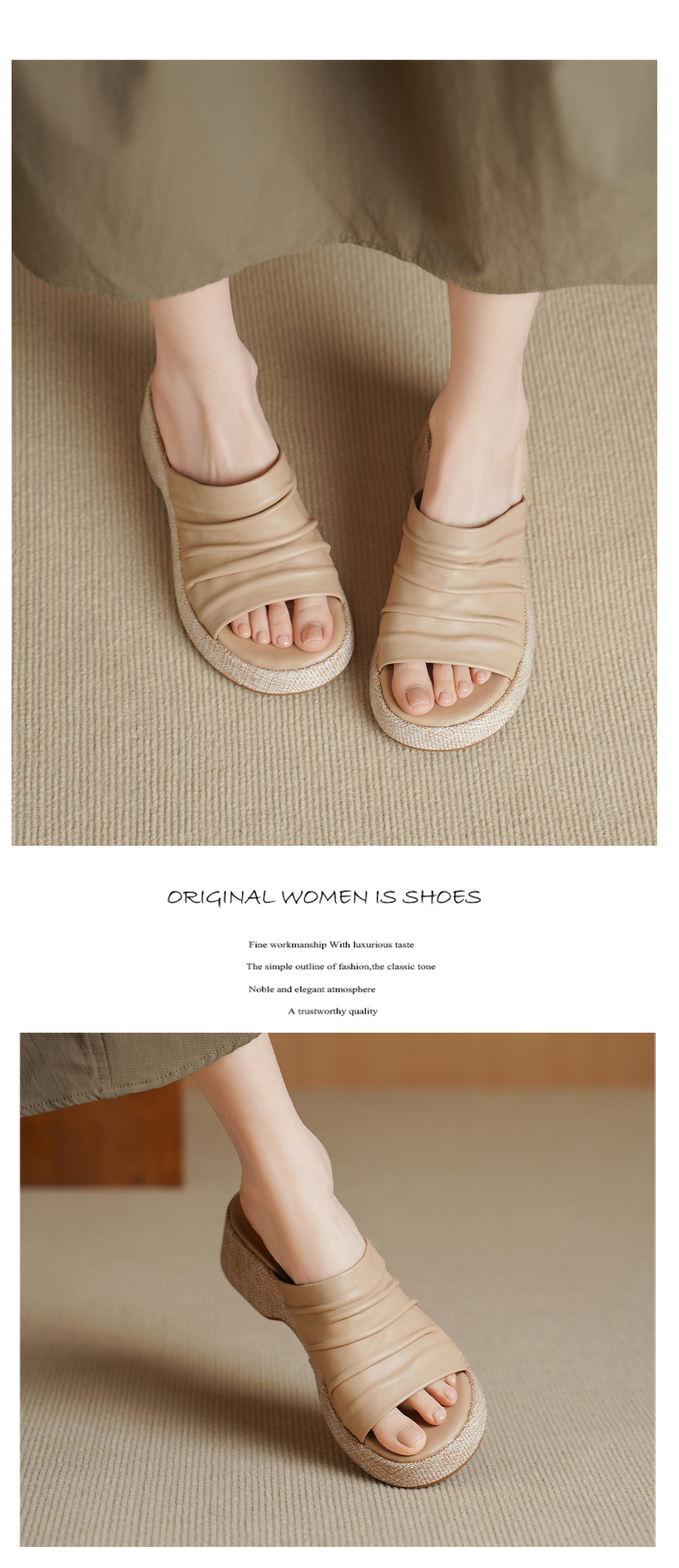 Sandal nữ da cừu gót xuồng đế dày hở mũi quai ngang — màu trắng ngà chi tiết 8