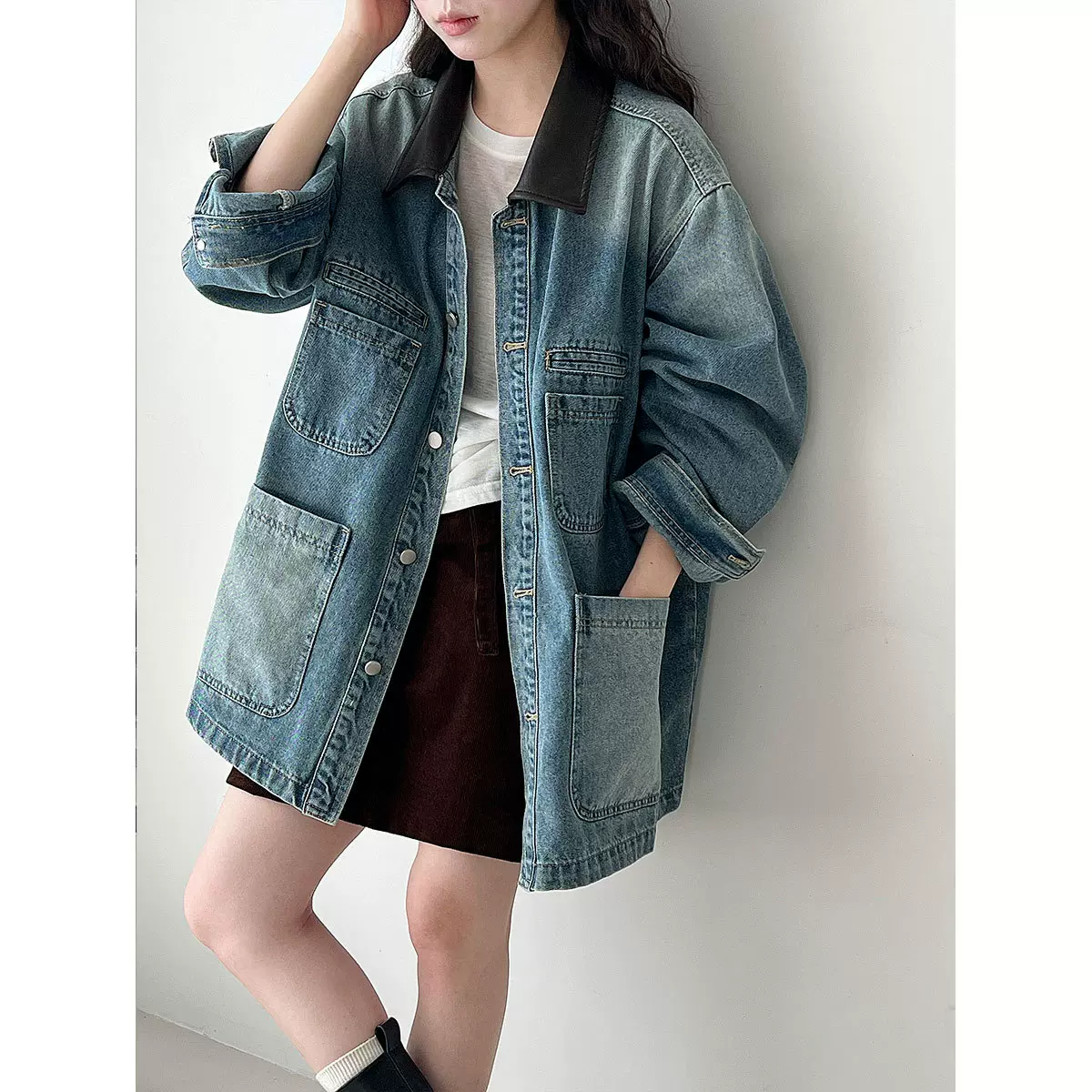 鹿西韩系撞色翻领水洗牛仔外套女秋季新款宽松百搭复古感上衣8135