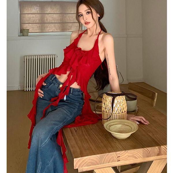 2025 夏純粋な欲望の官能的な立体花ホルターネックノースリーブベスト女性の痩身不規則なフリルトップ|undefined