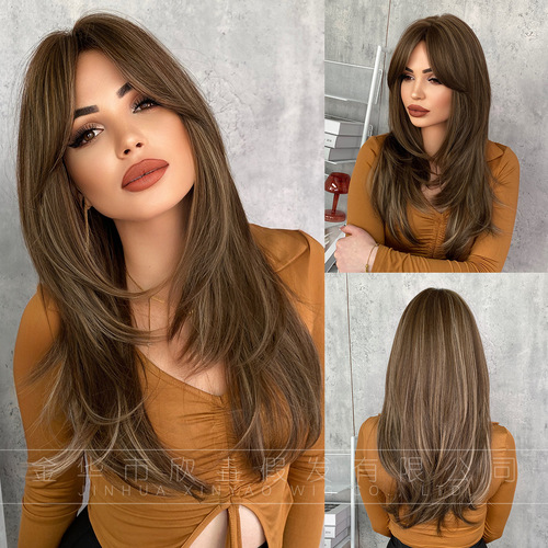 European and American-style 8-shaped bangs wig, gradient long straight hair, full-head style—high-quality, natural, layered, and textured wig