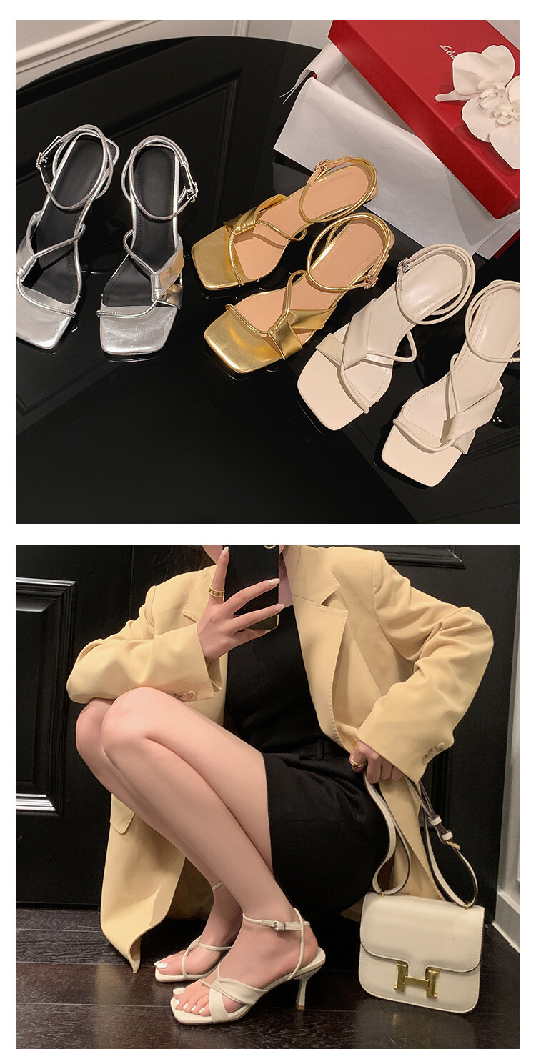 Sandal cao gót nữ hở mũi quai khóa cổ chân gót nhọn 9 cm — Màu vàng, Màu trắng be, Màu bạc chi tiết 13