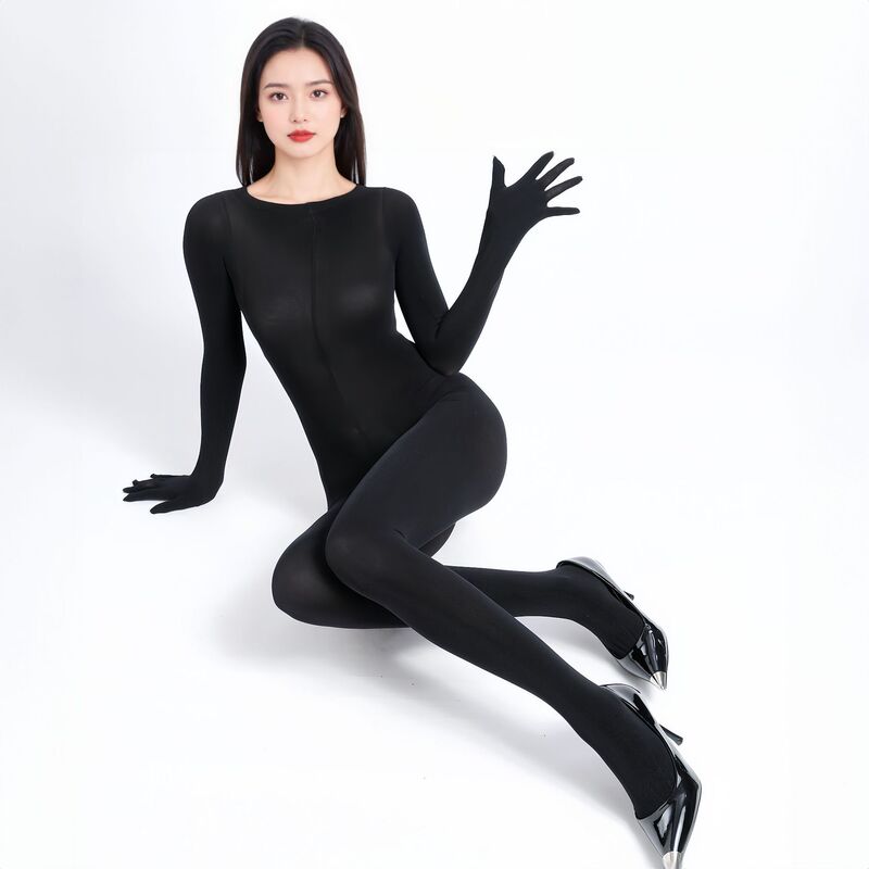 Sexy Velvet Five-Finger Jumpsuit Autumn and Winter Warm Tight-Fitting High-Elastic Open-Crotch Black Silk Sexy No-Take-Off One-Piece Stockings