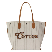 工厂定做两用通勤包色织条纹涤棉单肩包三色立体绣花复古风帆布包