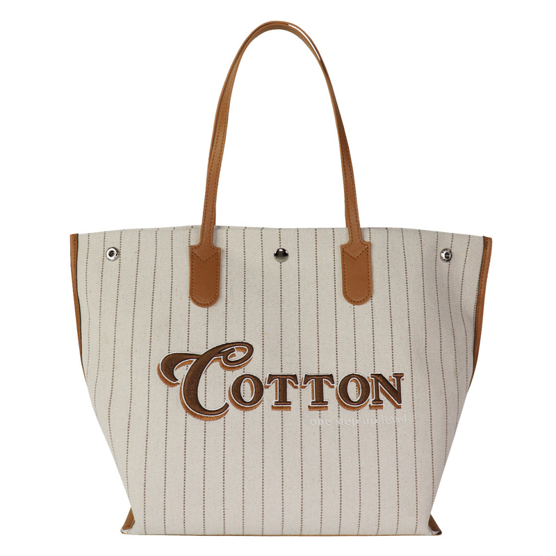 工厂定做两用通勤包色织条纹涤棉单肩包三色立体绣花复古风帆布包