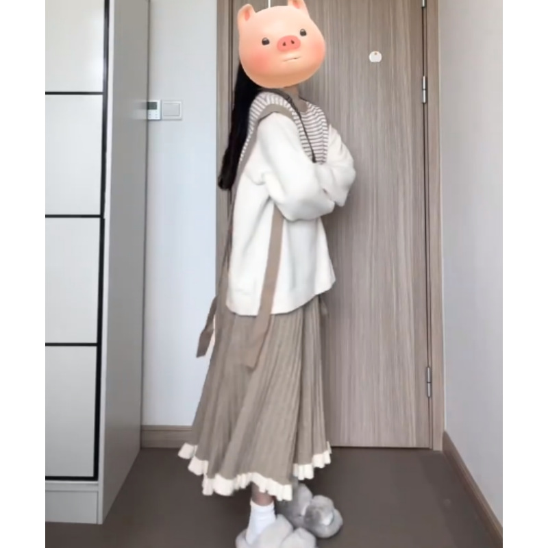 小个子穿搭秋冬毛衣条纹针织衫两件套气质半身裙温柔风时尚套装女|undefined