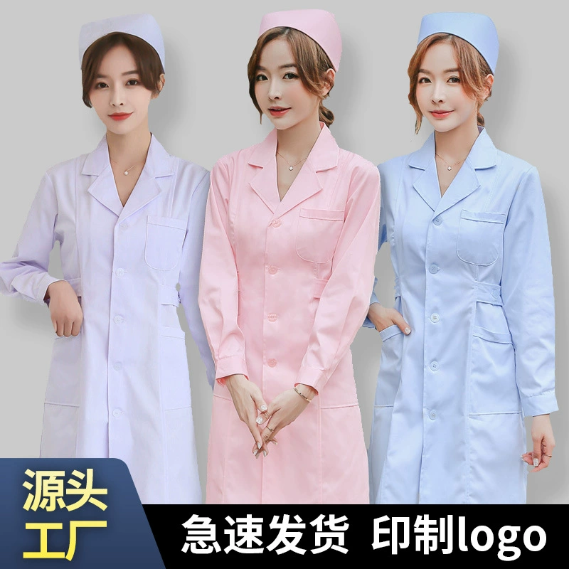 Женская одежда медсестры с длинными рукавами, белое пальто, толстая одежда с татуировкой косметолога, розовая синяя рабочая одежда с закрытым поясом