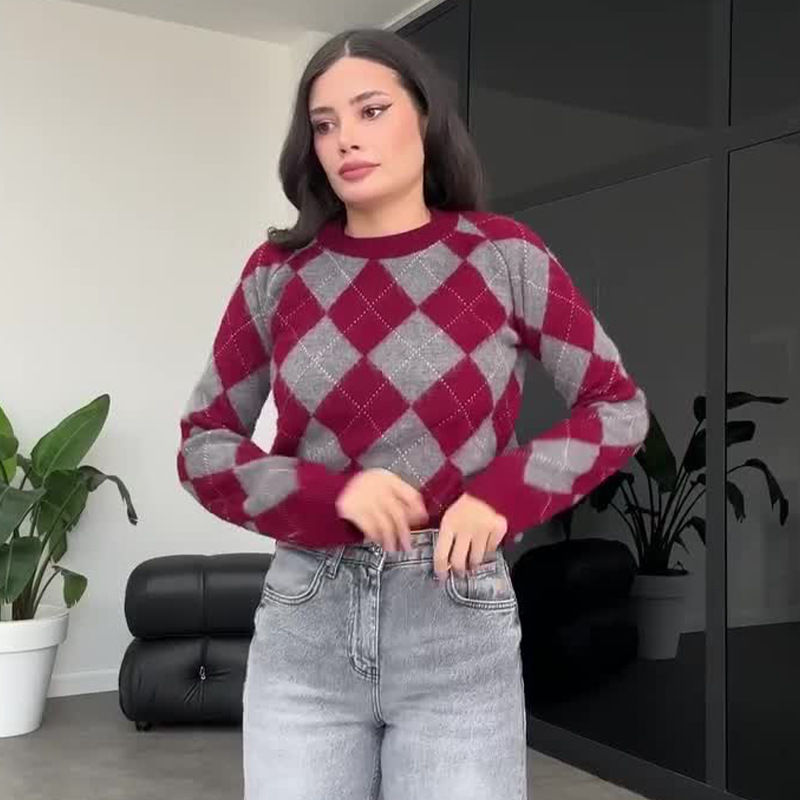 2024 otoño nuevo estilo europeo y americano amazon ropa de mujer transfronteriza moda contraste impresión de diamante suéter de base delgado