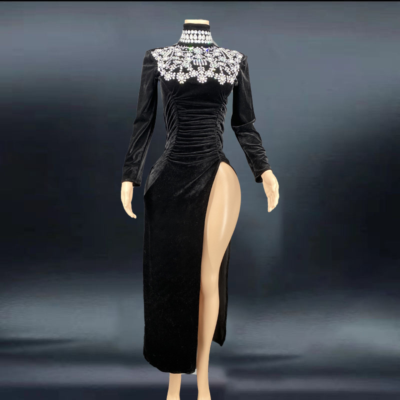 New Arrival Noble Velvet High Split Sexy Gemstone Applique Evening Dress Black Cocktail Dress Long Sleeve