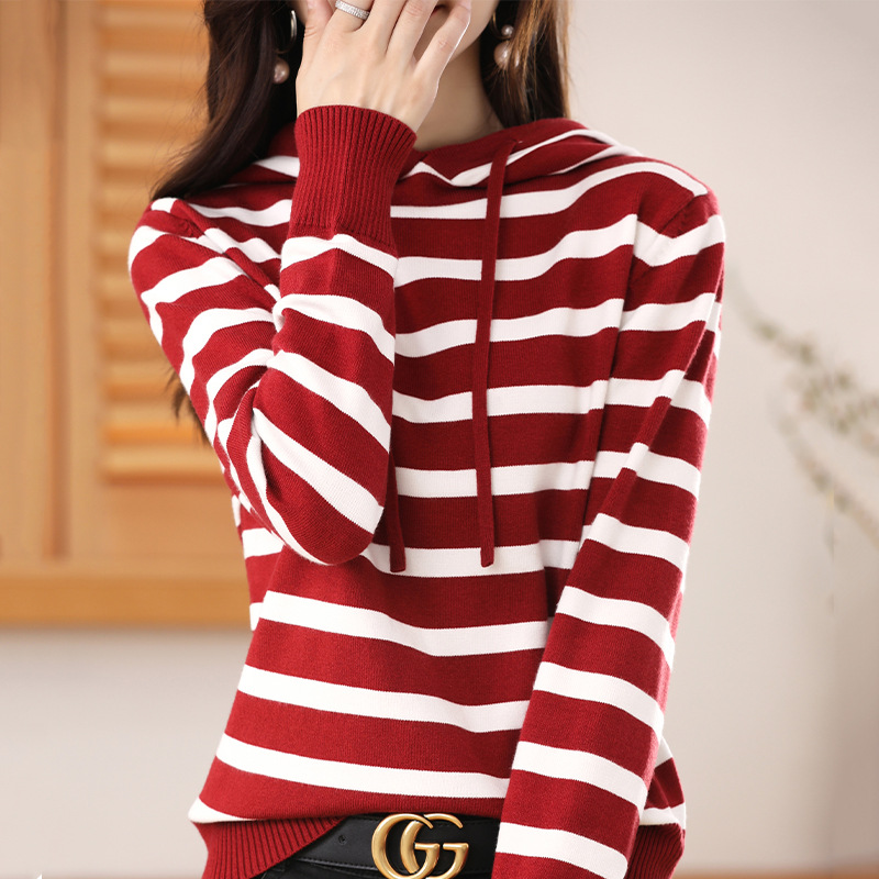 Primavera, Otoño e Invierno Nuevo suéter con capucha suelta ropa exterior a rayas suéter de las mujeres de manga larga suéter de lana estilo coreano