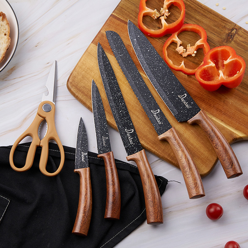 Comercio exterior europeo y americano en stock Yangjiang traje de cuchillo mango de grano de madera 6 piezas cuchillo de cocina conjunto cuchillo con soporte de cuchillo