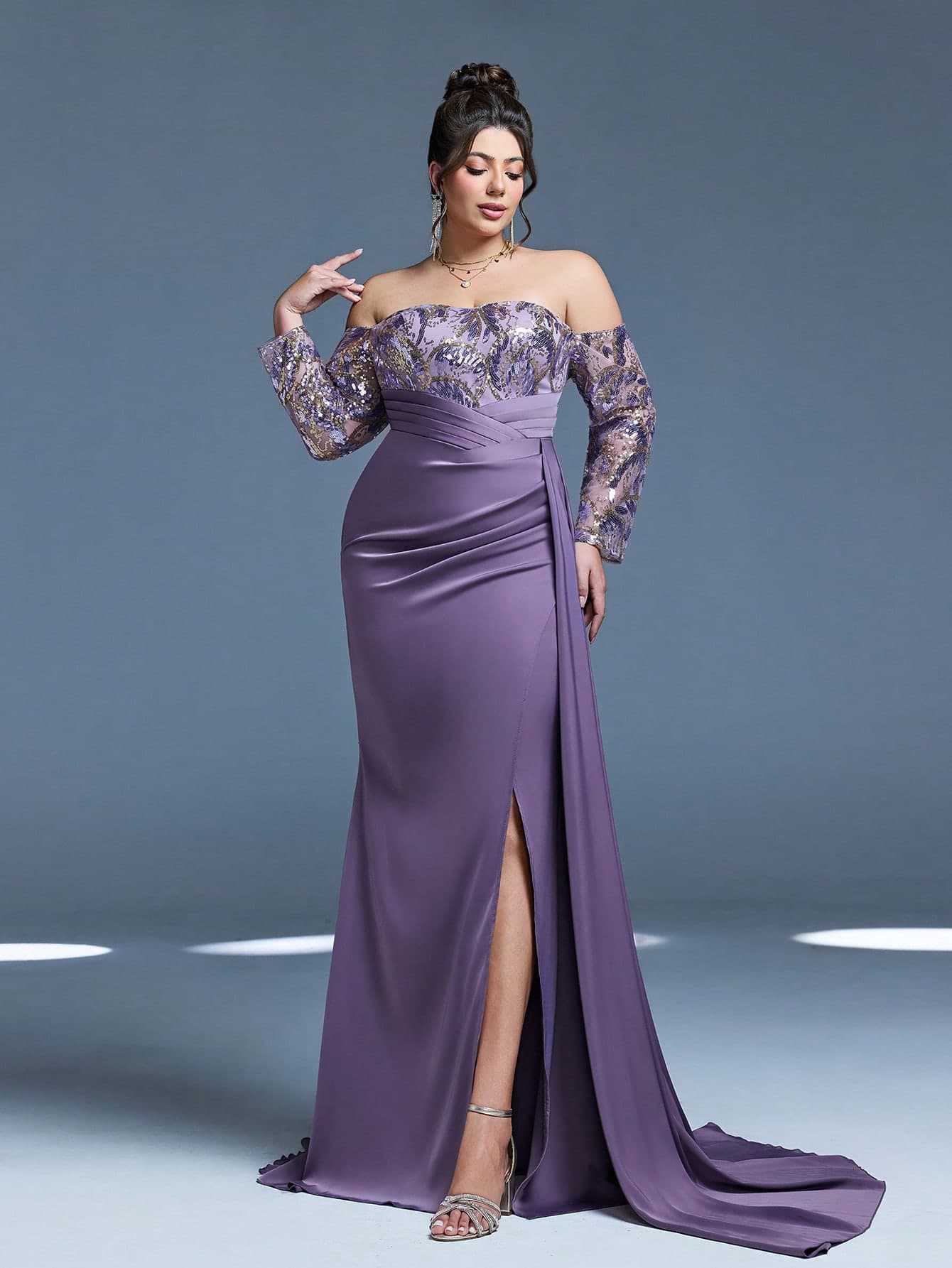 New Purple Slit Ball Gown For Women Sexy Long Evening Dress High-End Luxury Party Wear_ecoleips.com