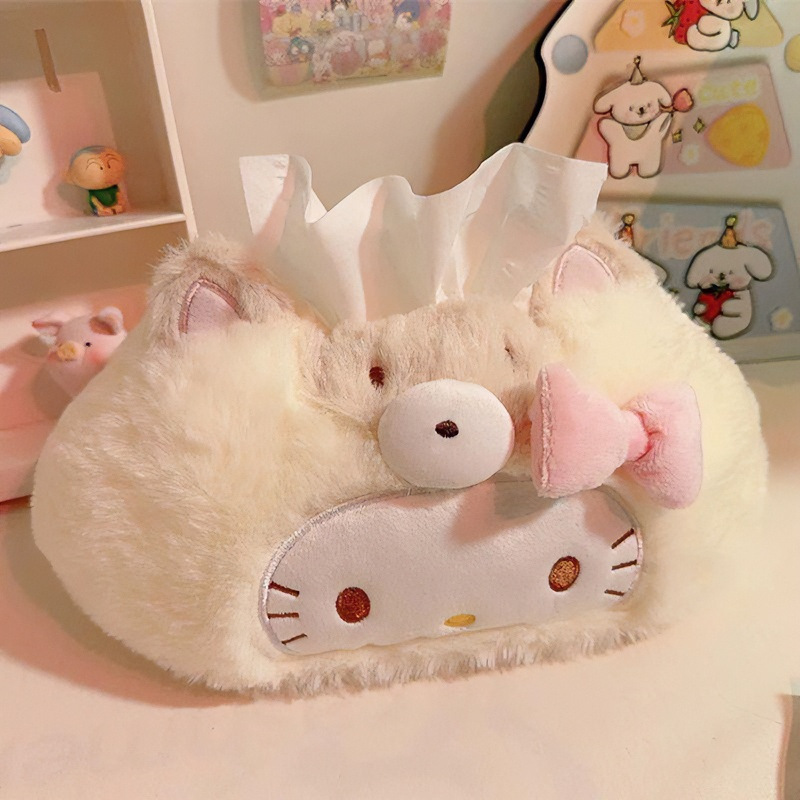 Cute kitty cream yellow plush tissue box for home use in the living room, bathroom, or car