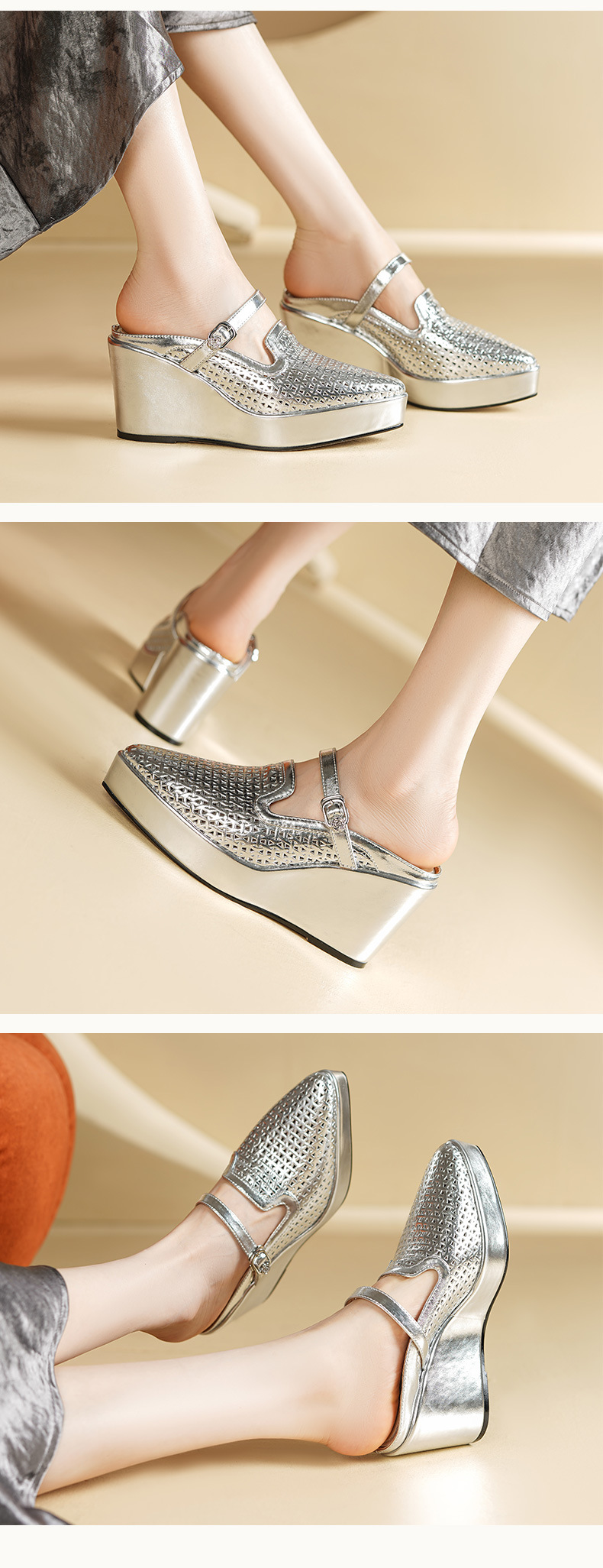 Sandal nữ mũi nhọn gót xuồng cao 9 cm, đế platform 5 cm, quai hở mũi, phong cách dáng lười — màu vàng, bạc chi tiết 4