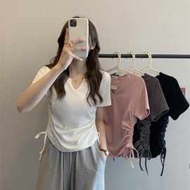 设计感V领抽绳修身纯欲风短袖T恤女装2026夏季新款纯色学生上衣潮