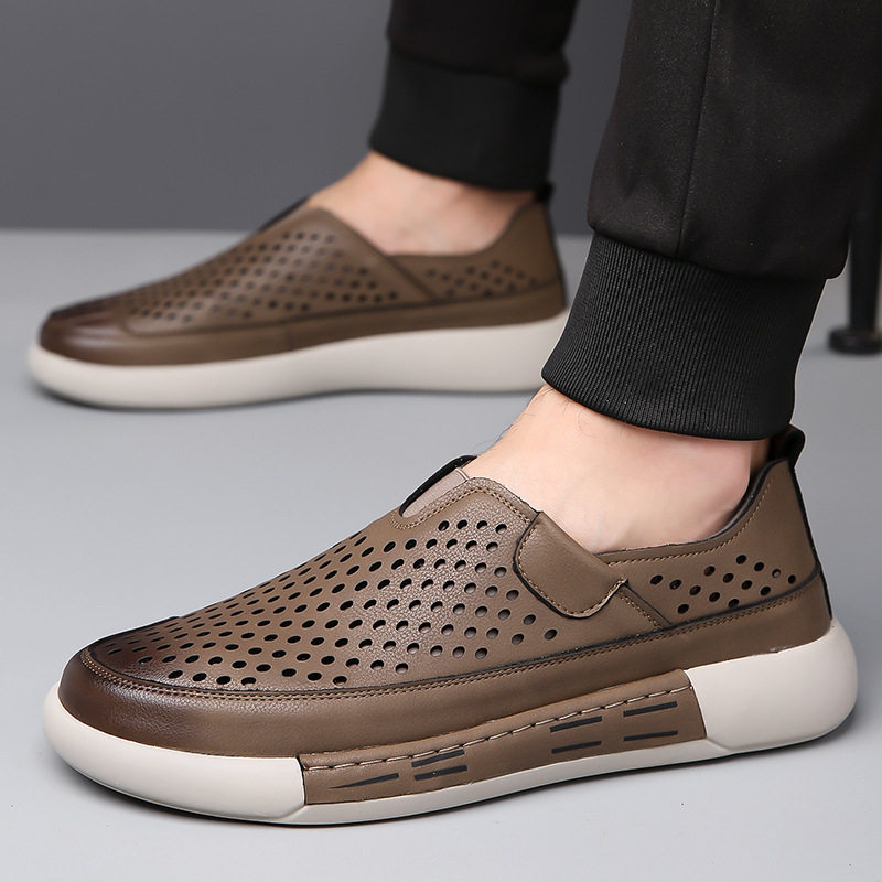 Giày da nam da bò thật đục lỗ thoáng khí đế mềm phong cách thường ngày — GX7025 màu kaki, GX7025 màu vàng