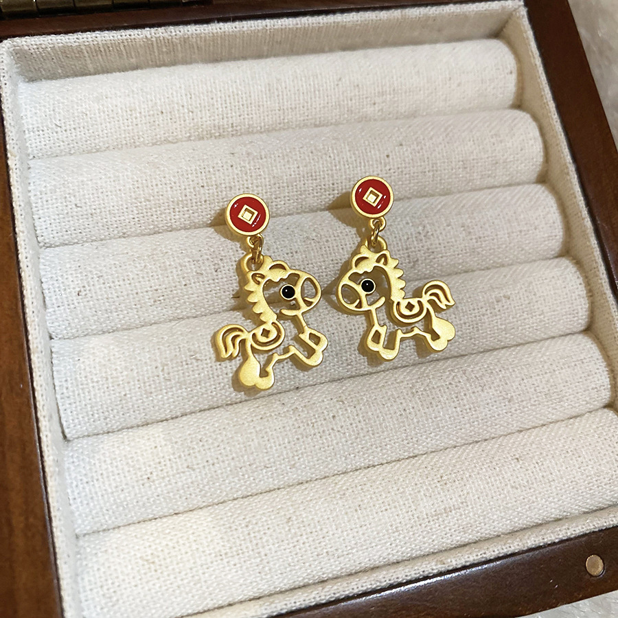Oro verdadero eléctrico galvanis colgante de piedra pony pendientes collar ligero lujo nicho universal conjunto temperamento alta sensación de joyería mujer