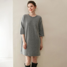 软糯~韩范100%纯山羊绒衫女圆领七分袖中长款慵懒针织打底连衣裙