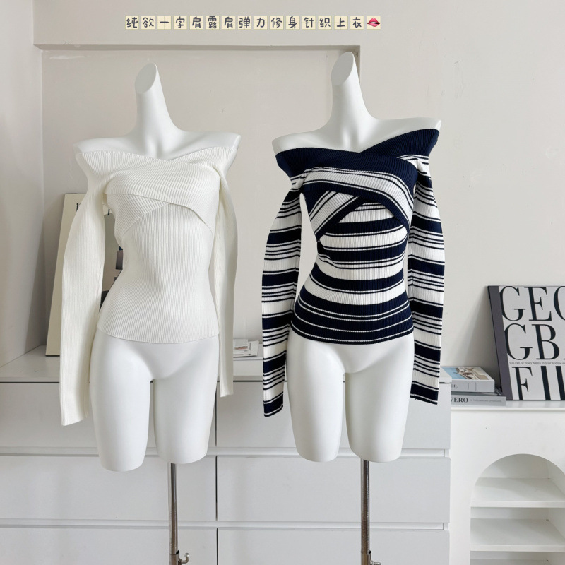 秋日织语韩系气质交叉V领条纹针织衫百搭长袖收腰设计感上衣