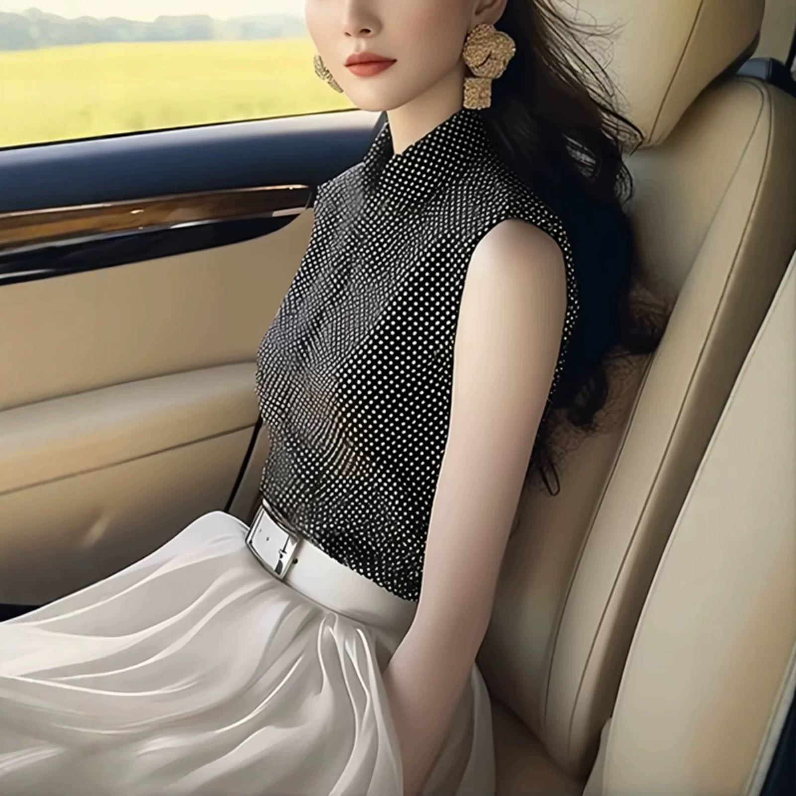 Áo sơ mi không tay nữ kiểu Pháp chấm bi đen ôm nhẹ — màu đen chi tiết 1