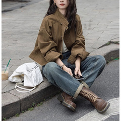 设计感复古咖色牛仔短外套2025秋新款小众宽松立领工装夹克上衣女
